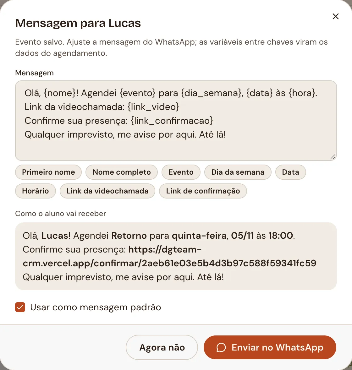 Mensagem para o aluno com variáveis, prévia e link de confirmação de presença