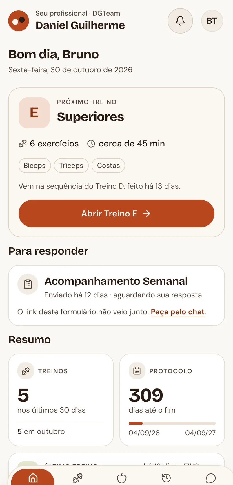 Início do aluno: próximo treino, formulário para responder e resumo