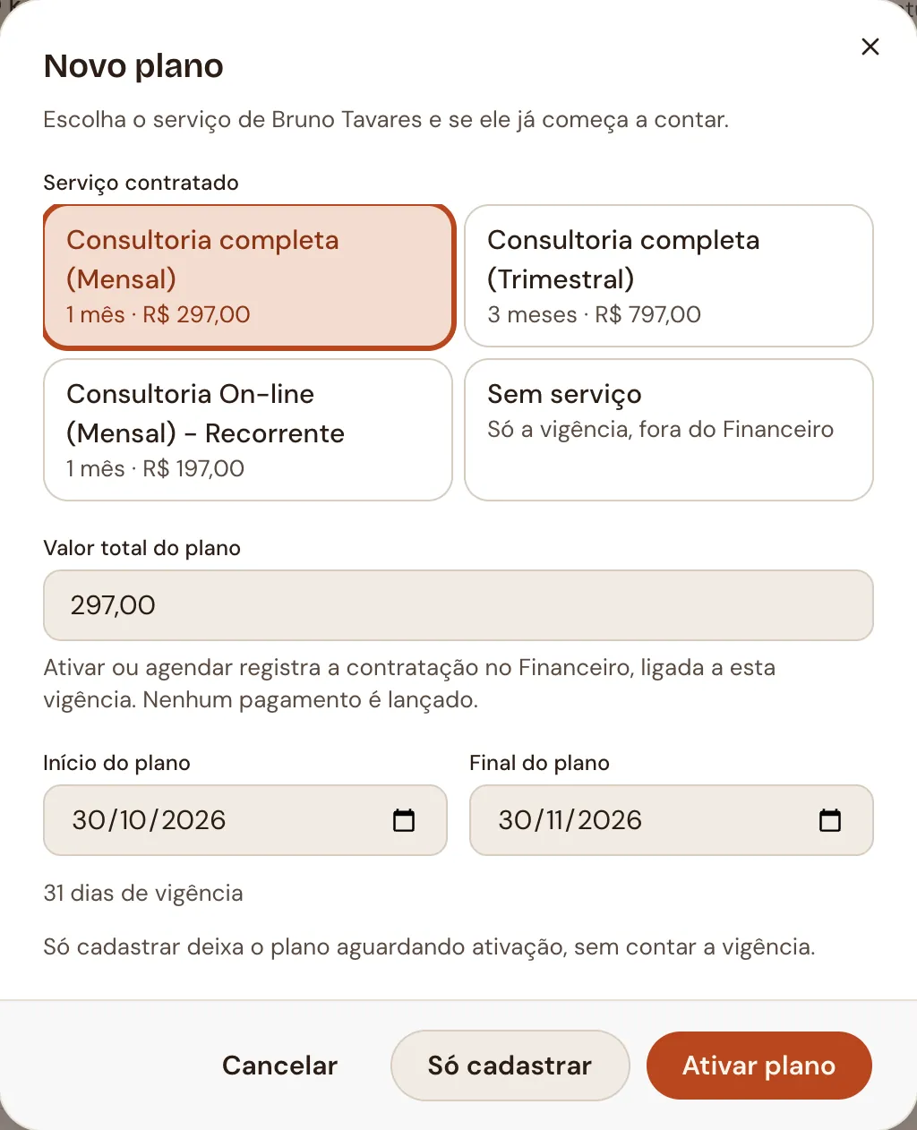 Janela Novo plano: serviço contratado, valor, início e fim do plano